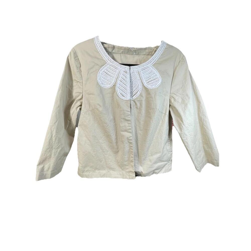 Liz Claiborne New York Khaki Tan Hook Eye Jacket Crochet Lace Trim S Cottagecore